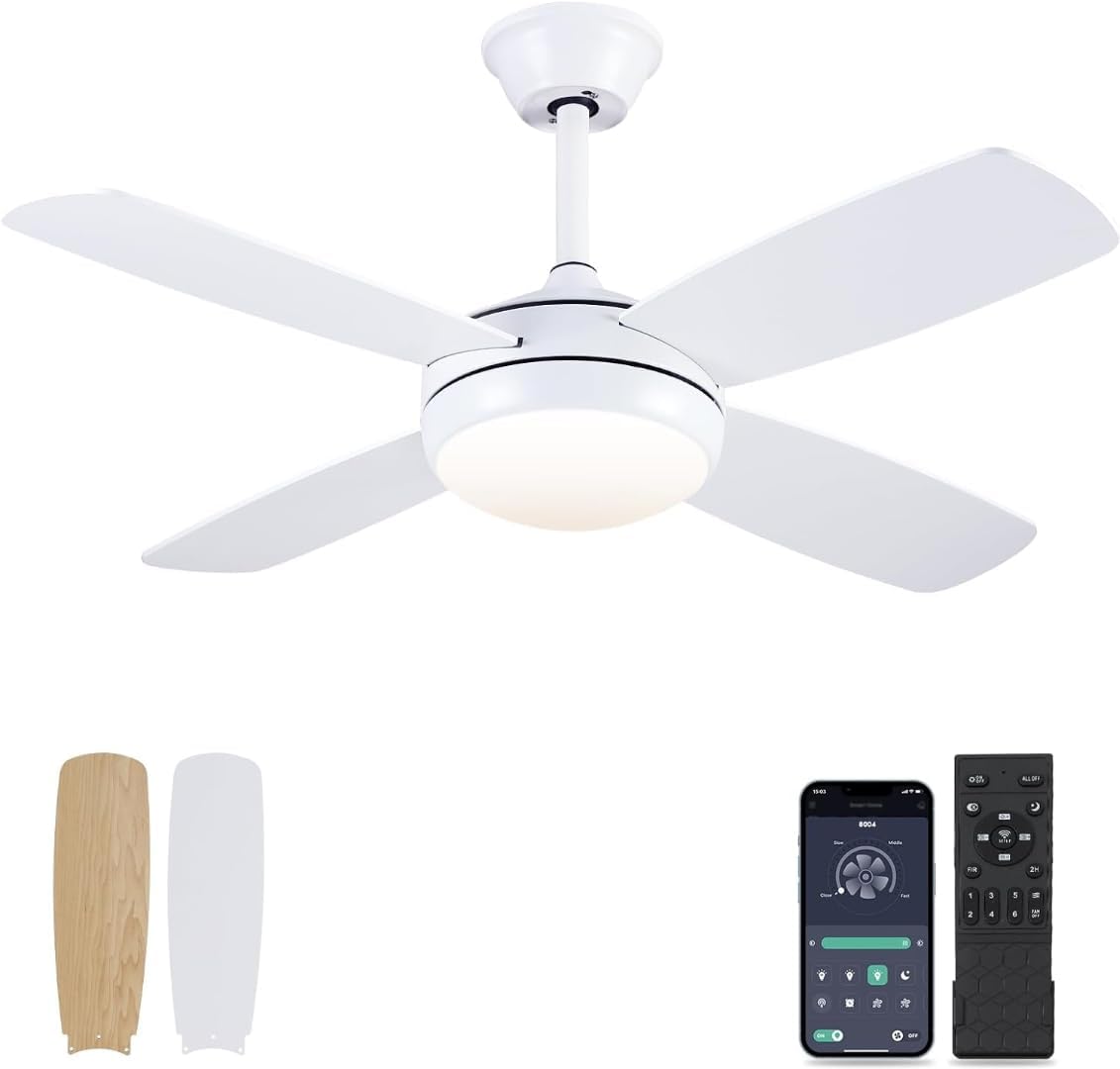 Asyko Ventiladores de techo de 42 pulgadas con luces, ventilador de techo moderno blanco con control remoto y aplicación, 6 velocidades y función de
