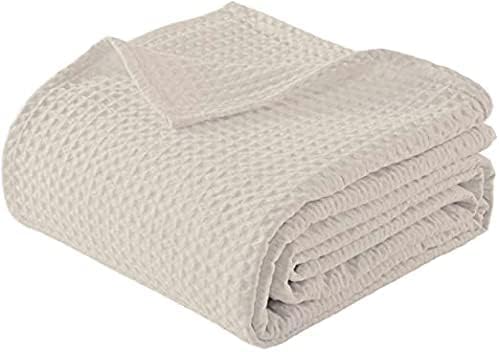 Mantas 100% algodón tamaño Queen para cama  Marfil 405GSM tejido de gofre, suave y ligera, térmica, tamaño Queen, 90 x 90 pulgadas