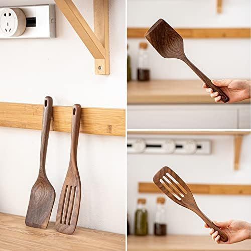 Gudamaye Cucharas de madera de nogal negro de 12 pulgadas para cocinar, 6 cucharas largas de madera Handel, utensilio de madera de nogal negro