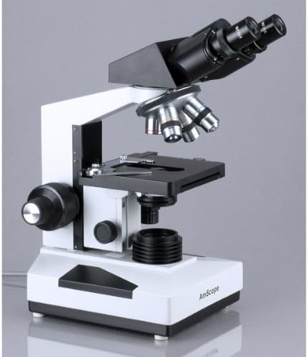 AmScope Microscopio binocular compuesto B490B-LED, oculares WF10x y WF20x, aumento 40X-2000X, Brightfield, iluminación LED, condensador Abbe, etapa