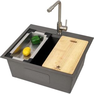 STARSTAR Repisa para estación de trabajo, fregadero de cocina de acero inoxidable 304 satinado mate mate para montaje superior, con rejilla, STARSTAR Repisa para estación de trabajo, fregadero de cocina de acero inoxidable 304 satinado mate mate para montaje superior, con rejilla,