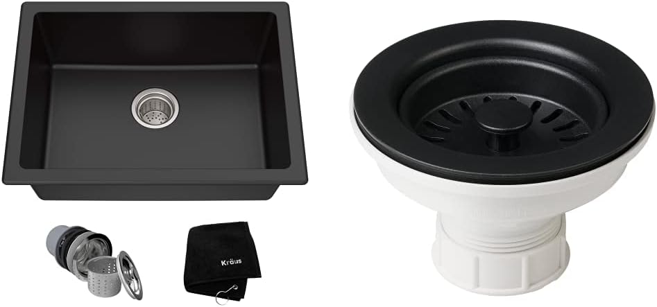 Kraus KGD-410B – Fregadero de cocina de granito ónix negro de 24 25 pulgadas de montaje doble y colador de fregadero de cocina PST1-BL, color negro