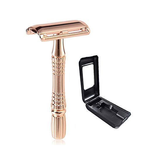 Maquinilla de afeitar de seguridad de oro rosa con estuche de viaje Sicastar de doble filo (incluye 5 cuchillas reutilizables), maquinilla de