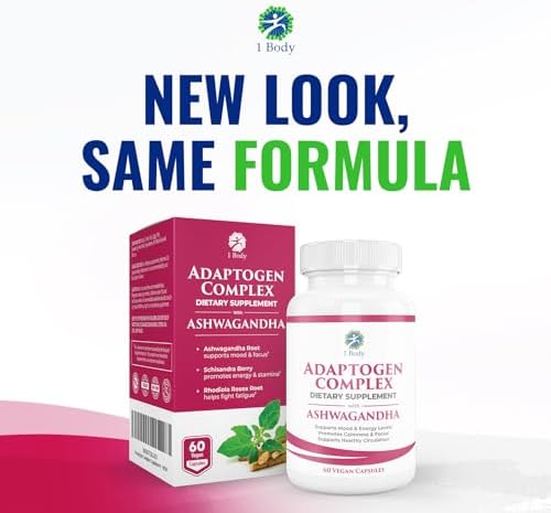 1 Body Suplemento complejo Ashwagandha – Fórmula adaptógeno – Suplemento de enfoque y apoyo energético para hombres y mujeres – 180 cápsulas veganas