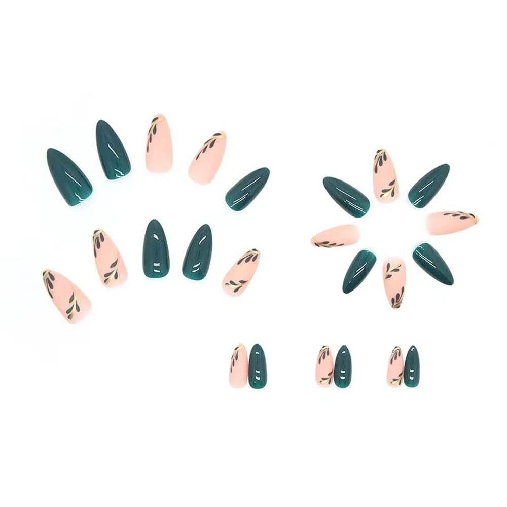Magrace Uñas postizas medianas con diseño de almendra, uñas postizas francesas con diseños, 24 unidades, uñas adhesivas para mujer