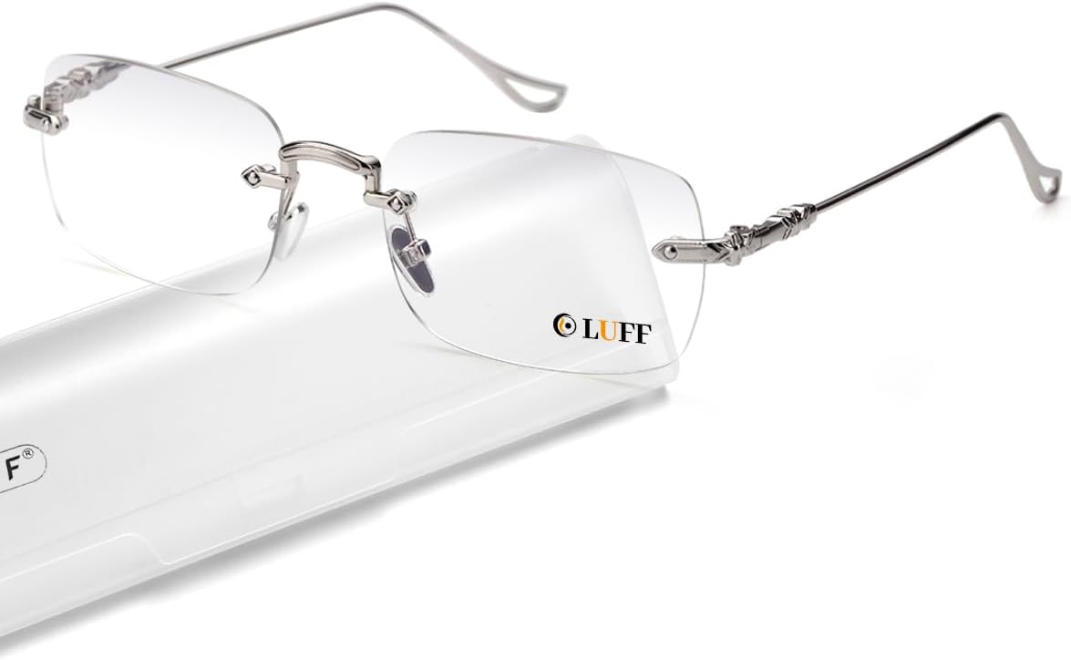 LUFF Anteojos de lectura sin marco para mujeres y hombres, lectores sin marco, lentes de lectura clásicos de metal claro azul antifatiga ocular