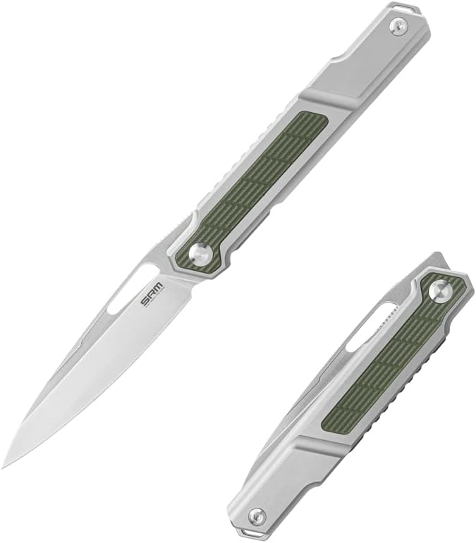 SRM Cuchillos plegables de bolsillo, hoja N690Co, mango de titanio, rodamiento de bolas rodantes, para uso al aire libre, EDC o sobreviviente,