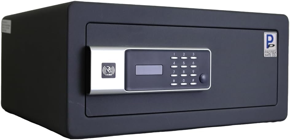 Protex H4-2043ZH-BLACK – Caja fuerte personal con apertura de 3 vías Llave de emergencia, funciona con tarjeta, teclado digital. Luz interior LED,