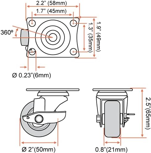 FactorDuty – Rueda giratoria de 2 pulgadas con freno, hecha de goma dura, con placa superior y rodamiento