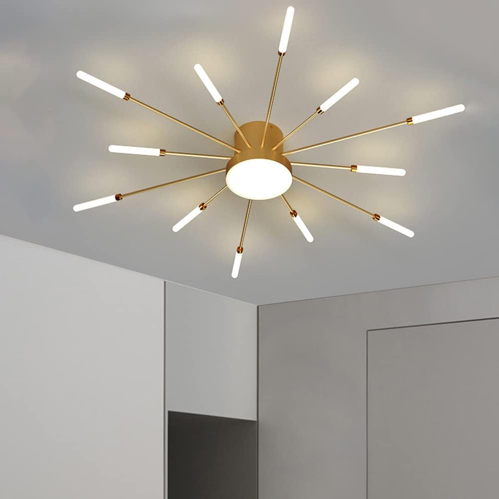 Liudefa Lámpara de techo LED de 32 pulgadas, 12 luces de techo modernas, lámpara de techo empotrada, iluminación de interior dorada para sala de