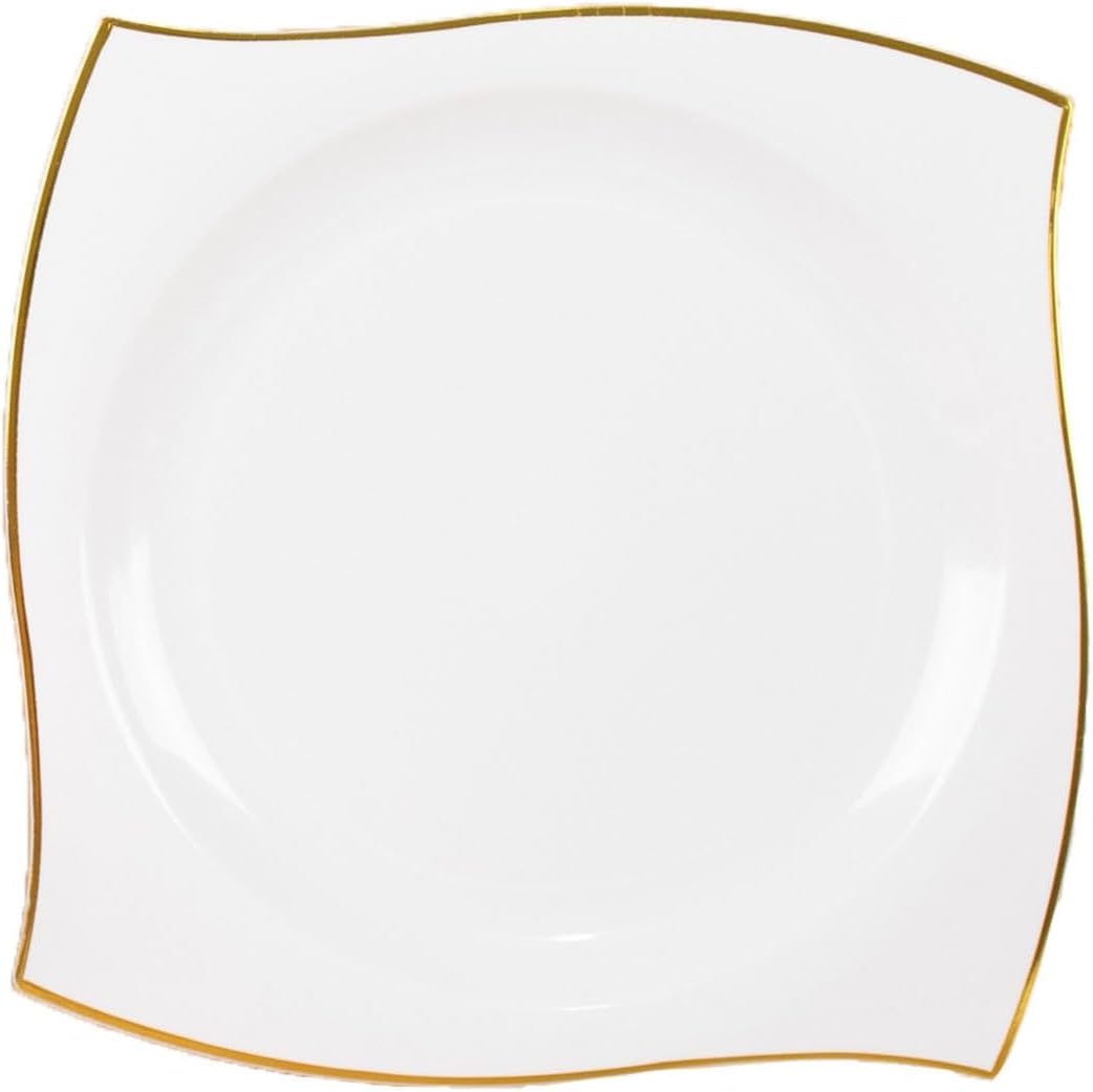 Efavormart – Paquete de 10 platos llanos cuadrados de plástico duro con borde ondulado blancodorado de 8 pulgadas, platos desechables para fiestas