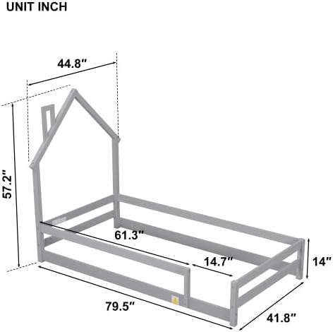 Base de cama individual para niños, cama Montessori de tamaño individual con cabecera y barandillas en forma de casa, camas de madera de tamaño