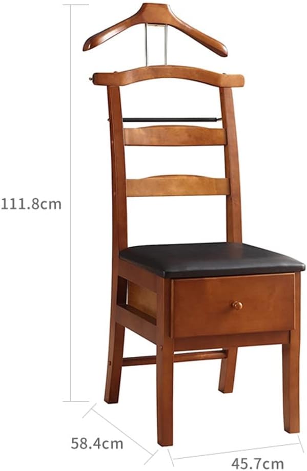 Soporte de madera para silla de valet con cajón, estante de ropa independiente con barra de pantalones y barra de corbata, soporte de valet para