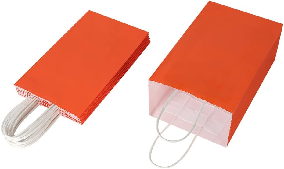 Cada paquete de 100 bolsas pequeñas de papel kraft naranja y morado con asas a granel
