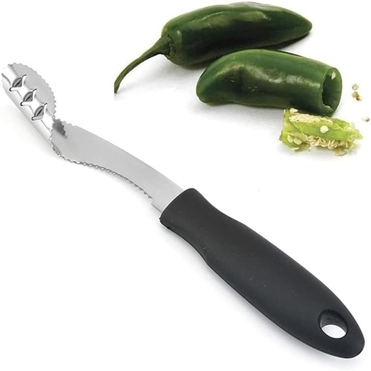 Jalapeno – Cortador de pimienta de acero inoxidable para picador de pimienta con rebanada dentada y mango de goma, fácil de quitar semillas para