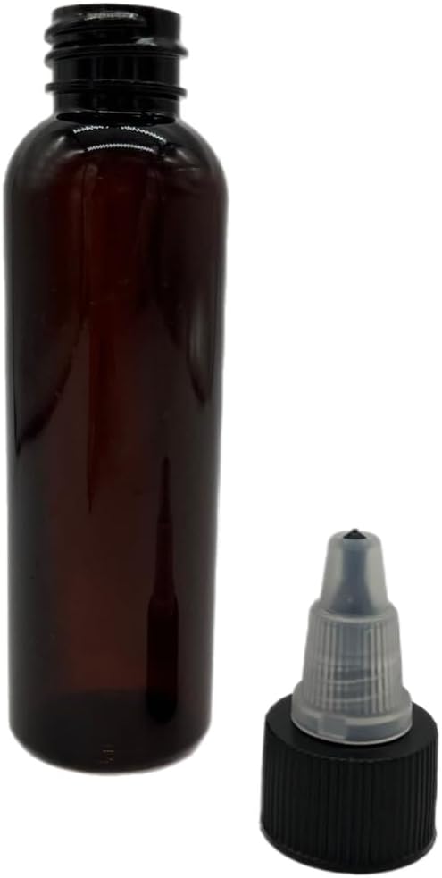 Natural Farms Botellas Cosmo ámbar de 2 onzas sin BPA, paquete de 24 recipientes vacíos recargables, aceites esenciales, cabello, tapa de apertura y