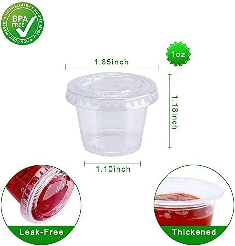 TashiBox 100 juegos de vasos desechables de plástico con tapas, porción de soufflé, aderezo para ensalada de salsa, tazas de condimentos, paquete de