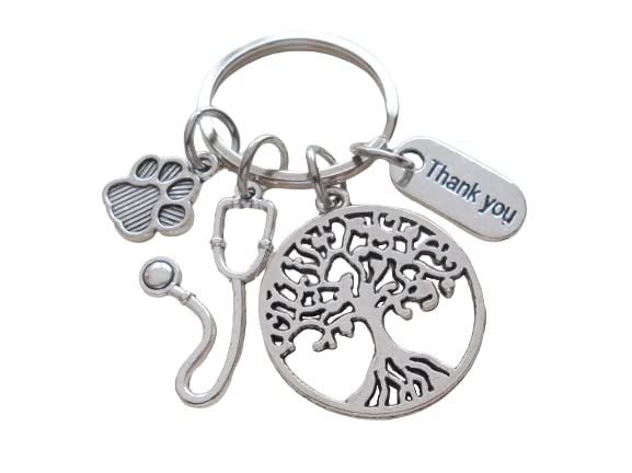 Veterinarian Appreciation Keychain, Veterinary Hospital Staff Gift, Pet & Animal Care Medical Professional Tree, Paw Print, Stethoscope, & Thank You