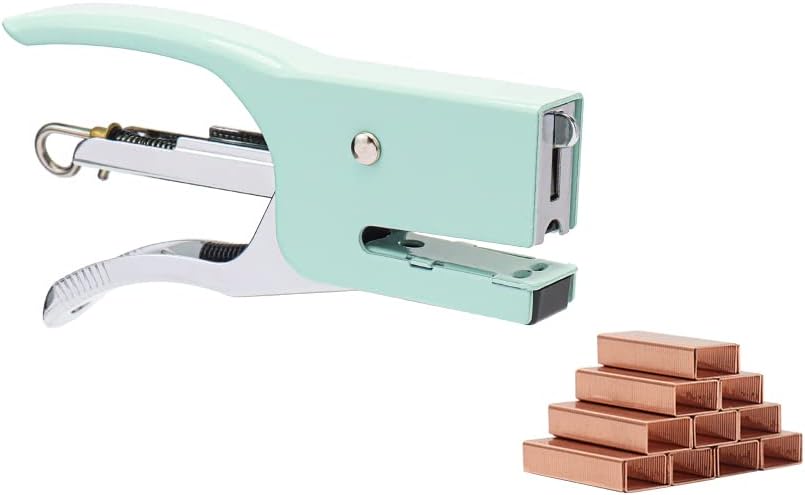 #10 – Mini grapadora de alicates verdes con juego de grapas, bonita engrapadora manual n. 10 con 1000 grapas de oro rosa para suministros de