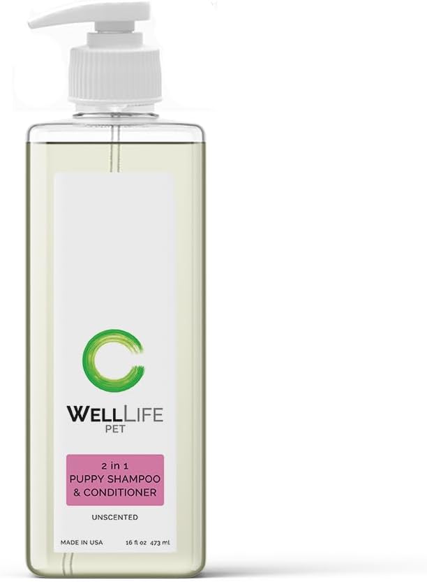 Well Life Champú acondicionador 2 en 1 para cachorros, champú acondicionador sin lágrimas, ingredientes a base de plantas, aceite de jojoba,