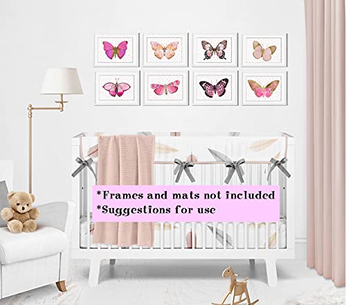 Butterfly Wall Art Prints – Watercolor Pink Butterflies Decor – (Set of 8) – 5×7 – Unframed