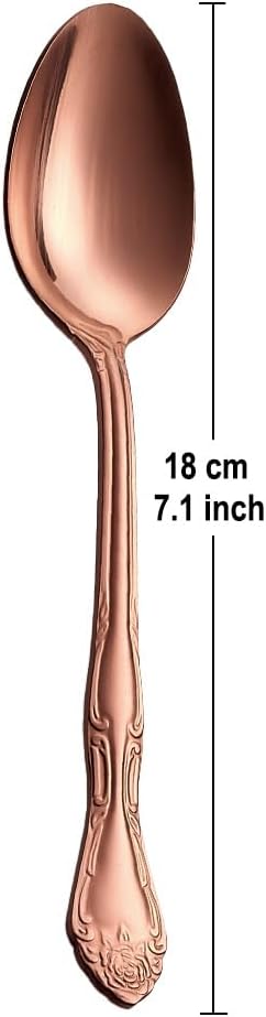 Juego de 6 cucharas de cena color oro rosa mate, acero inoxidable con acabado satinado, juego de 6 cucharas de sopa, diseño de patrón rosa, aptas