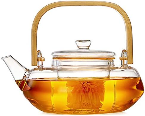 Tetera de vidrio de 27.1fl oz con infusor de vidrio, tetera con colador para té suelto, segura en estufa, tetera con mango de bambú (27.1fl oz28 oz)