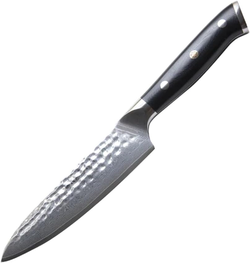 KANKA Cuchillo de chef profesional de acero de Damasco de 5 pulgadas, acabado martillado, 67 capas, mango de fibra de vidrio negro G10, cuchillo