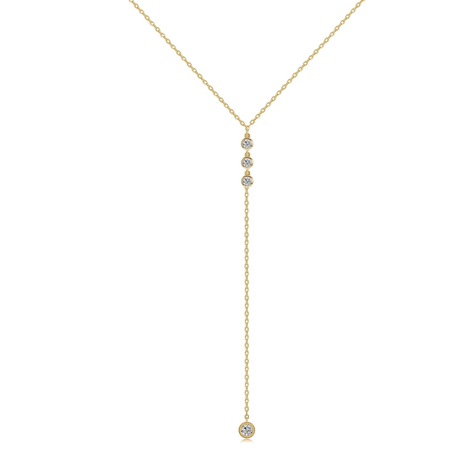 Handmade Sterling Silver Lariat Necklace, Simulated Diamond Dainty Drop Y Chain Necklace for Women (Round diamonds-Gold)