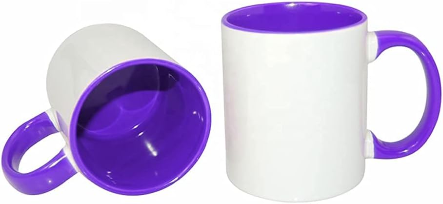 MR.R Tazas de café en blanco de sublimación de 11 onzas, taza blanca con taza de color morado interior y asa, juego de 6