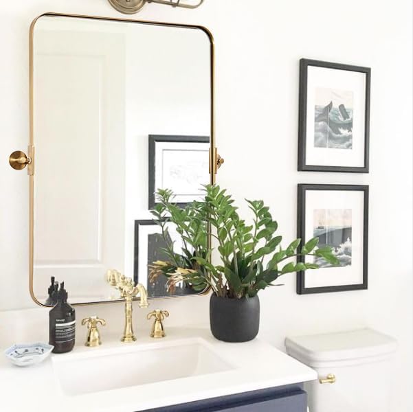 Espejos de baño de oro cepillado de 28 x 36 pulgadas para pared, espejo giratorio de baño con marco de metal de latón con esquina redondeada,