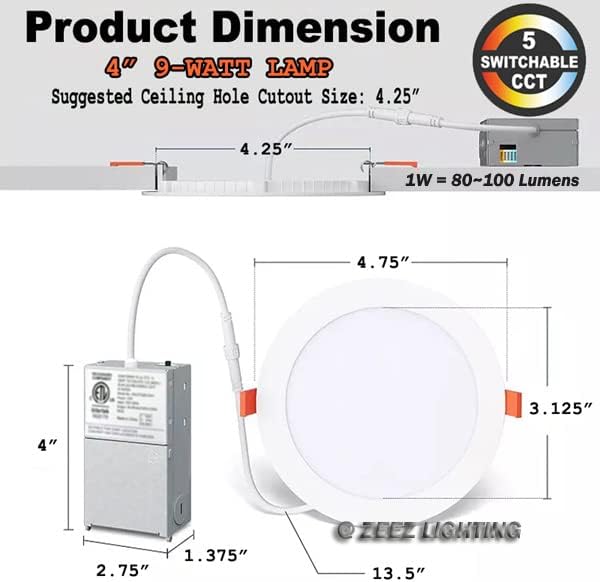 Iluminación  9 W 4 pulgadas (OD 4.75 pulgadas  ID 4 pulgadas) seleccionable 5CCT LED empotrable bombilla delgada lámpara con caja de conexiones ETL