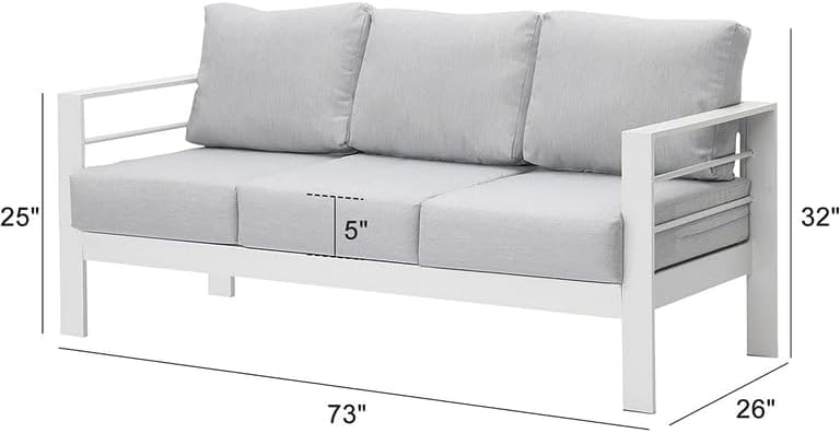 Kiss The Water Muebles de patio sofá de aluminio para todo tipo de clima, sofá de 3 asientos, silla de metal blanco con cojines gris claro