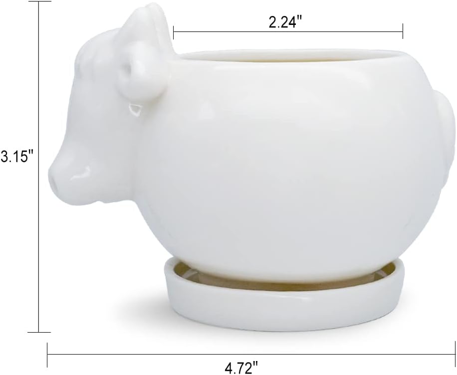 GeLive Maceta de cerámica para suculentas de vaca blanca, maceta de mesa con bandeja de drenaje para interior de vaca, soporte para lápices, soporte