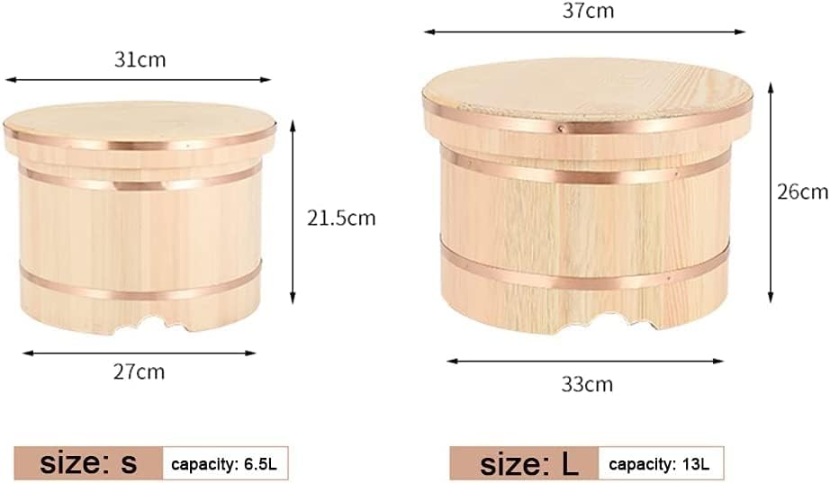 Cubo de arroz para sushi Oke con tapa, tazón grande de madera Hangiri para mezclar el hogar, cocina, contenedor de alimentos, cubo de madera