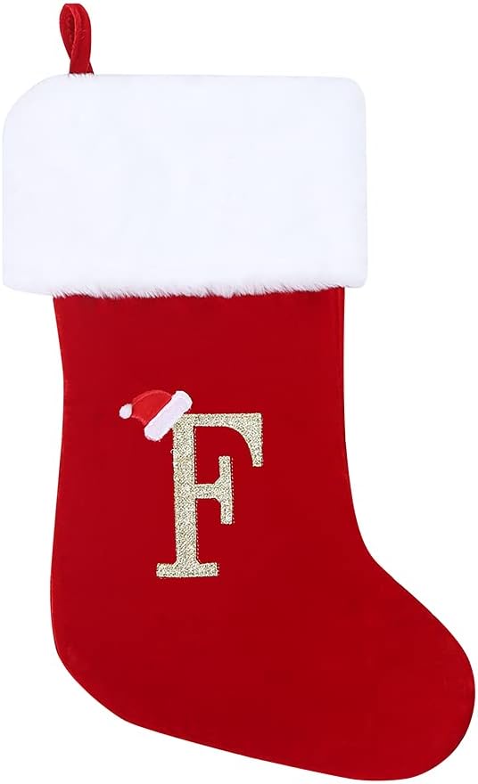 Calcetines de Navidad con iniciales de 20 pulgadas, terciopelo rojo gris con puños de felpa blanca súper suaves, monograma bordado, calcetín de