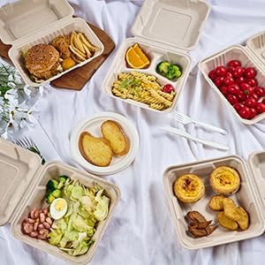 ECOLipak Paquete de 50 recipientes Clamshell To Go, contenedores de alimentos desechables 100% compostables, 8 x 8 con 3 compartimentos, resistentes