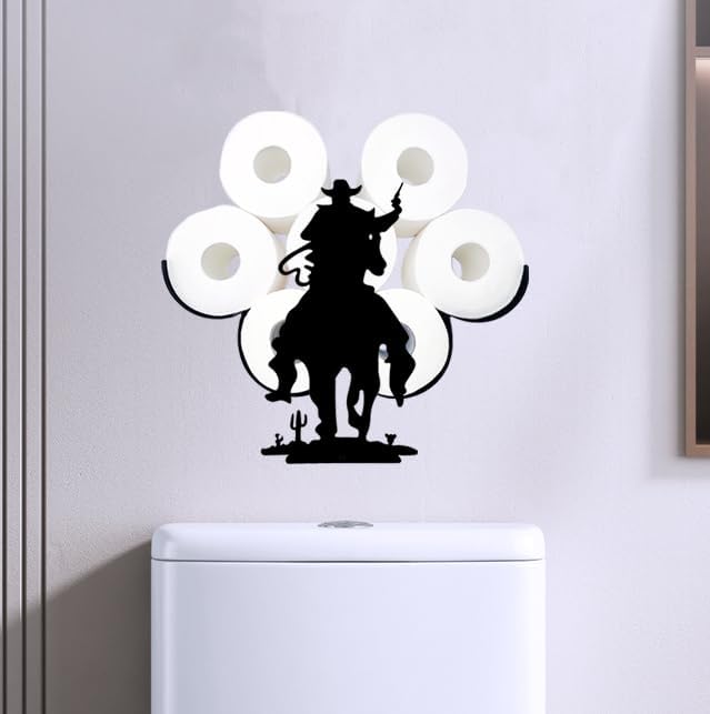 Funny Cowboy with A Gun Paper Roll Holder Montado en la pared, soportes decorativos de papel de metal negro, almacenamiento de papel higiénico para