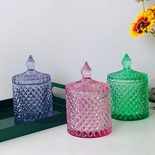 Sizikato Tarro de caramelo de cristal facetado de diamante con tapa, tarro decorativo colorido, joyero, soporte de almacenamiento de hisopos de