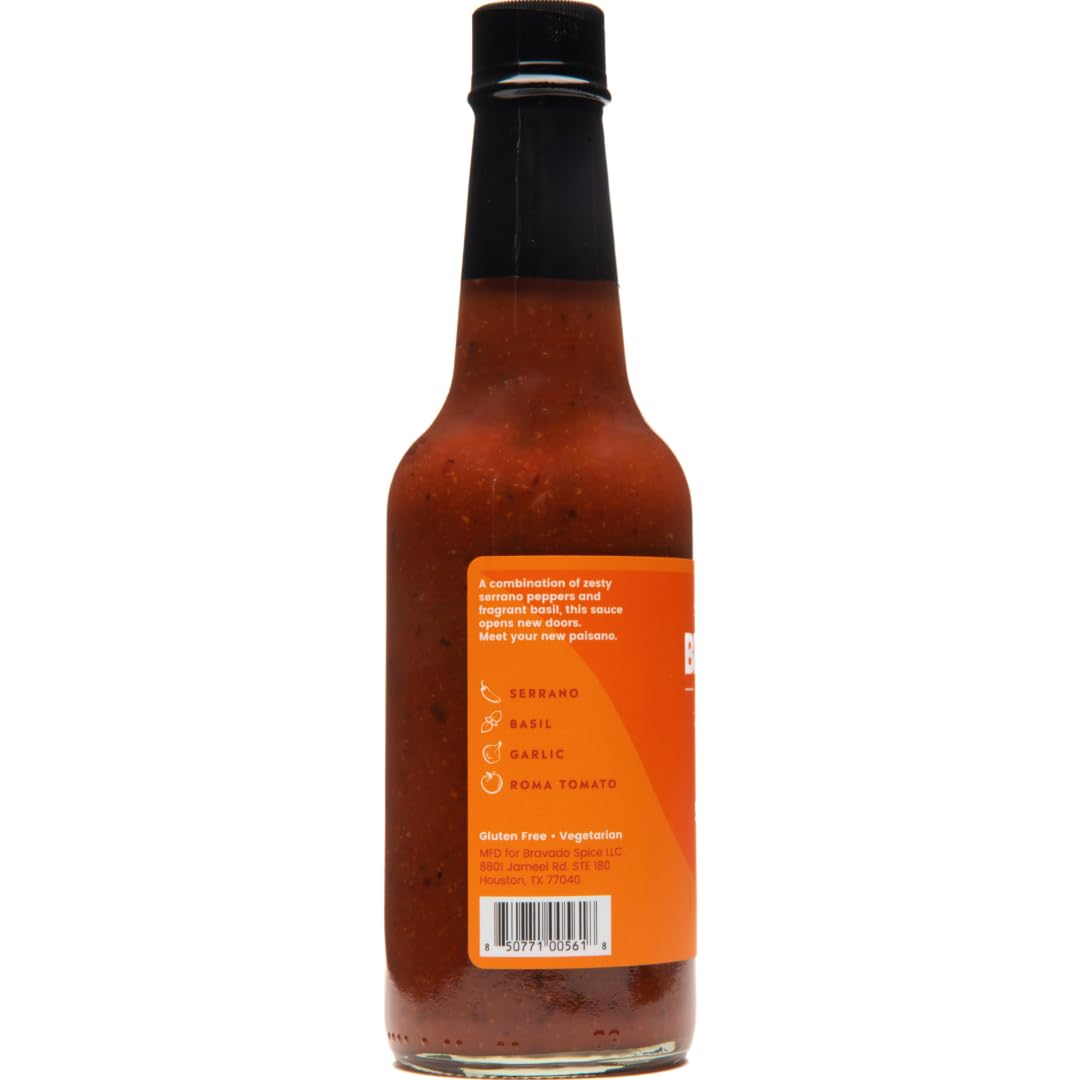 Bravado Spice Salsa picante serrano y albahaca sin gluten, vegana, baja en carbohidratos, salsa picante paleo, totalmente natural, botella de salsa