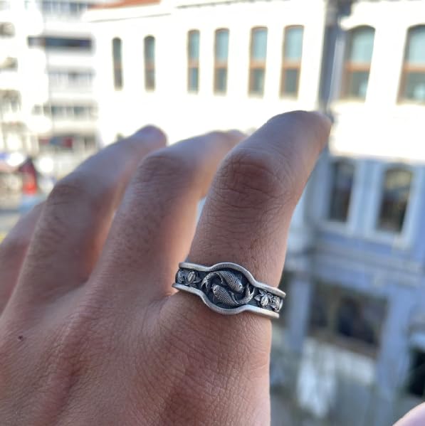 Handcrafted Japanese Lotus Flower Silver Ring, 0.024 lbs, 0,47 x 0,47 Inch, Pisces-inspired Fish Design, Yin Yang Symbol, Memorial Gift, Unique