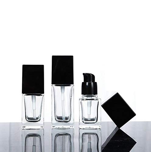 2 botellas cuadradas de vidrio de 1 onza, recipientes de loción transparentes con cabezal de bomba negro, viales de viaje vacíos para base de