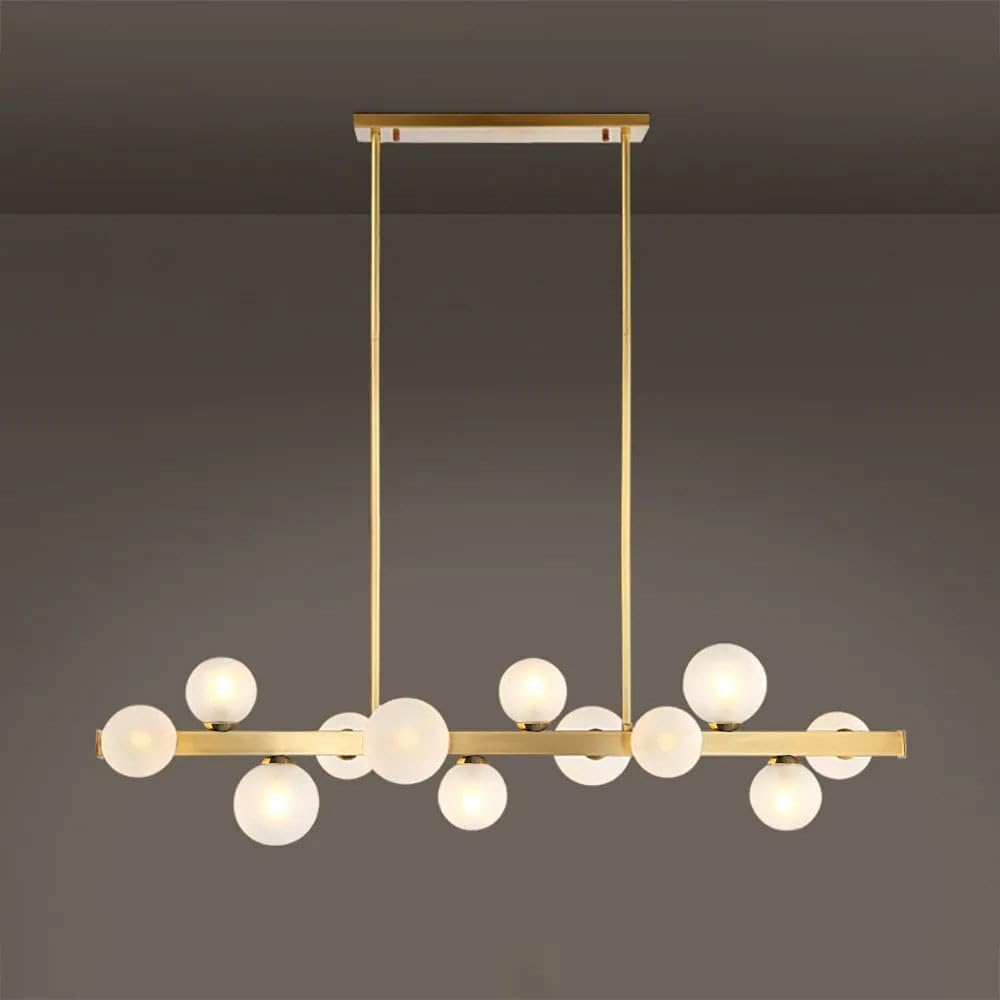 Lámpara de araña lineal moderna para isla de cocina con pantalla de vidrio blanco claro en oro (12 luces)