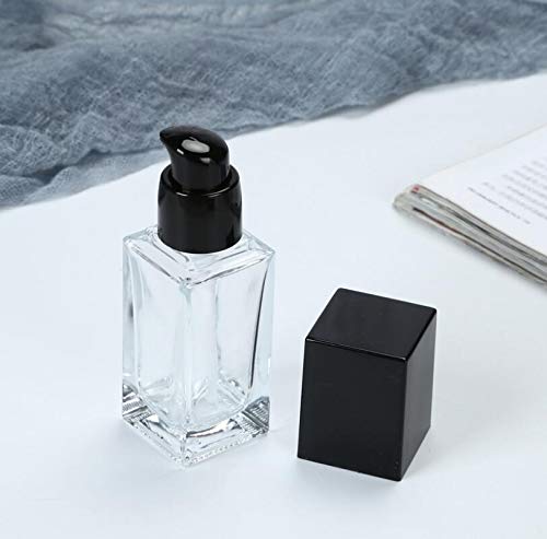 2 botellas cuadradas de vidrio de 1 onza, recipientes de loción transparentes con cabezal de bomba negro, viales de viaje vacíos para base de