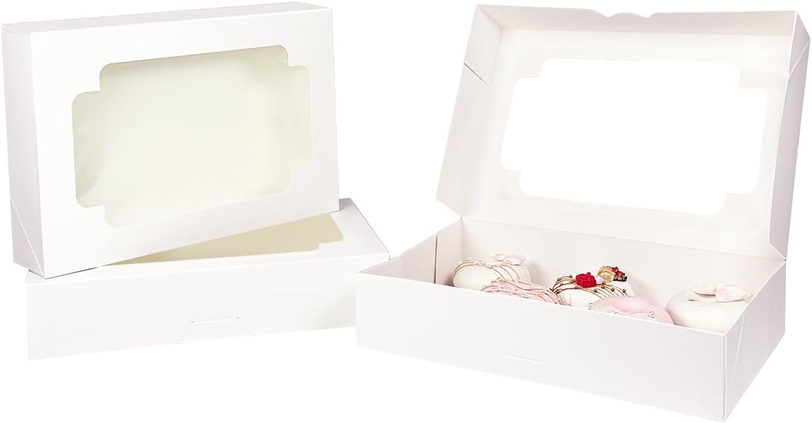 qiqee Caja de galletas blanca desplegable automática con ventana de 12 x 8 x 2.5 pulgadas, 32 paquetes de dos usos en un segundo plegable para
