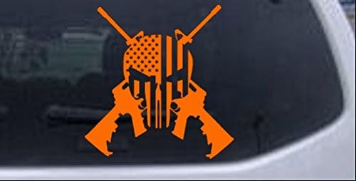 Punisher – Calcomanía para ventana de portátil con la bandera estadounidense con diseño de armas AR15, color naranja, 10 x 9.8 pulgadas
