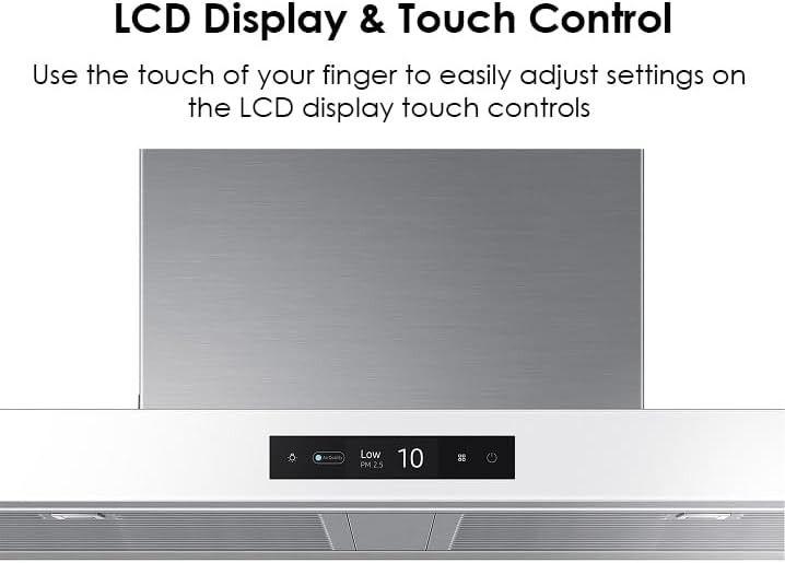 Samsung Campana inteligente de montaje en pared a medida, pantalla LCD y control táctil, sensor de aire triple, bajo ruido, WiFi conectado, carbón