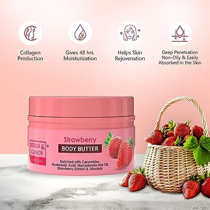 Mantequilla corporal de fresa pH 5.5 para 72 horas de hidratación. Enriquecida con ceramidas, extracto de fresa y manteca de karité  Hidratante no