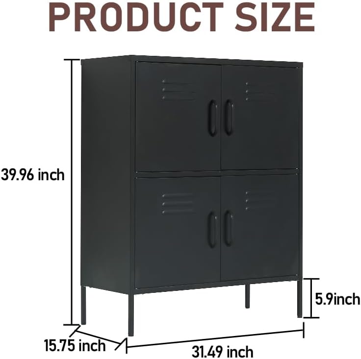 Armario de almacenamiento de metal de 4 puertas para dormitorio, sala de estar, hogar, hotel, oficina, garaje, cocina, estantes ajustables y pies de
