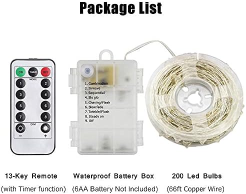 ER CHEN 200 luces LED, luces de hadas impermeables que funcionan con pilas, con control remoto, 66 pies, 8 modos, alambre de cobre recubierto de